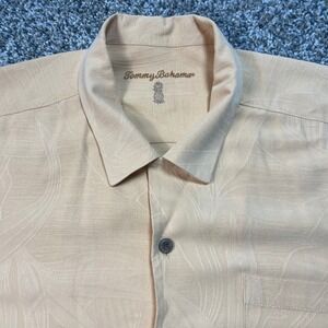 Tommy Bahama Silk Shirt Men's Large Peach Tropical Leaf Jacquard Short Sleeve